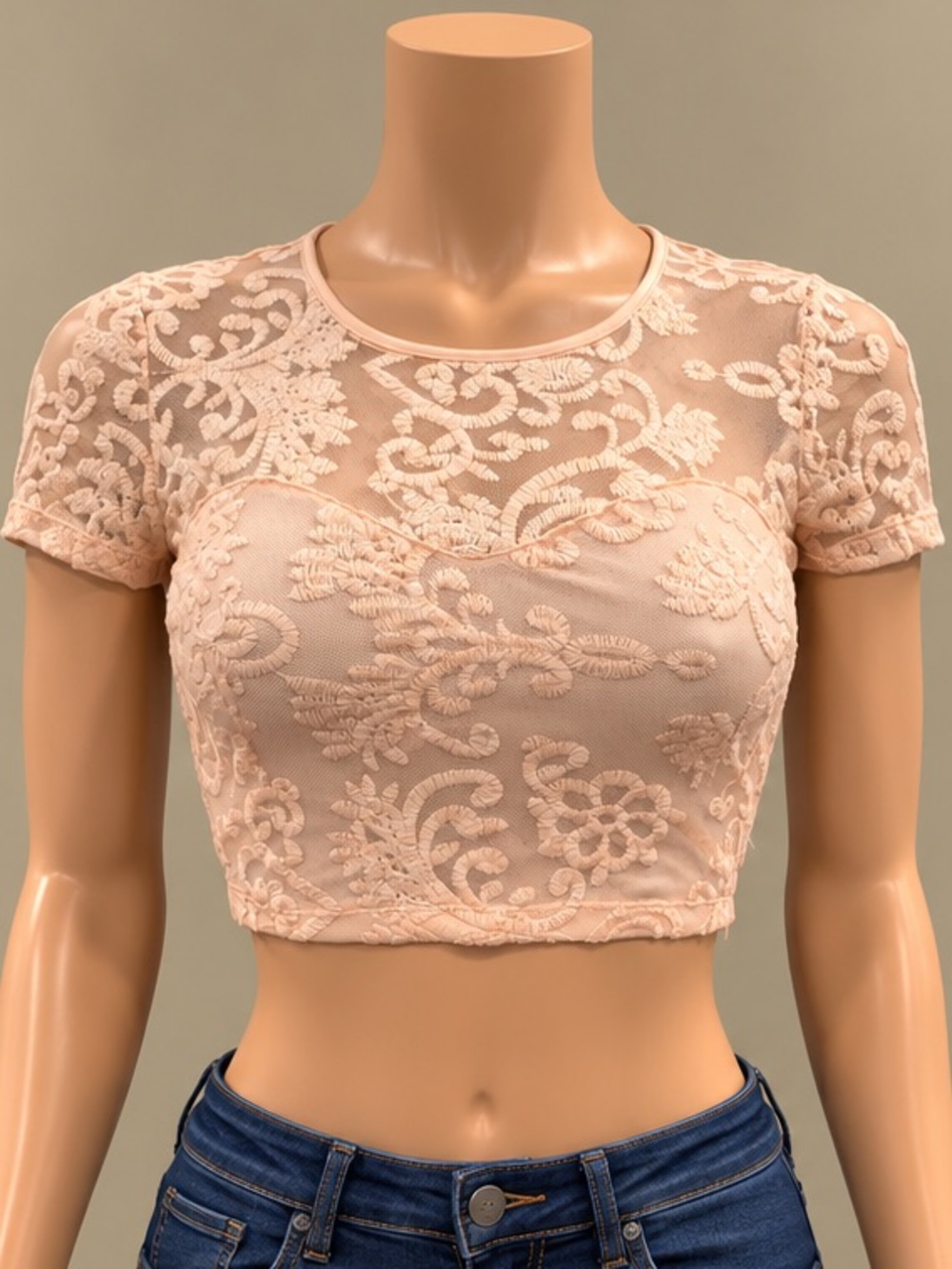 Forever 21 Blush Pink Floral Lace Sweetheart Crop Top Sheer Short Sleeve S NWT